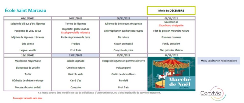 Décembre 2022 menus des restaurants scolaires maternelle et primaire